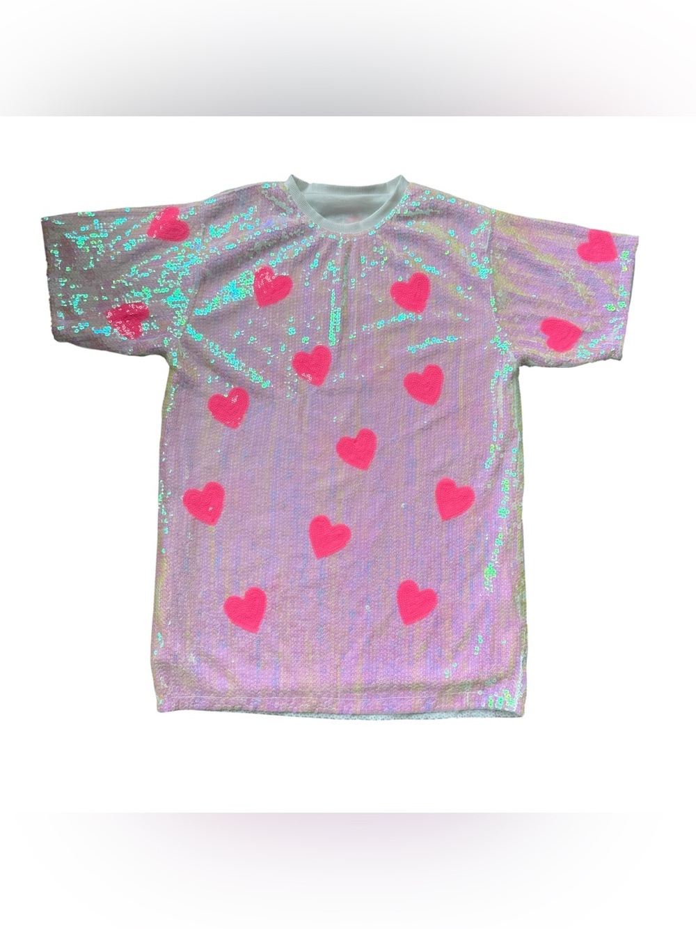 Iridescent Sequin Heart Oversized Tee Dress Pink Valentine Y2K Coquette Glam M